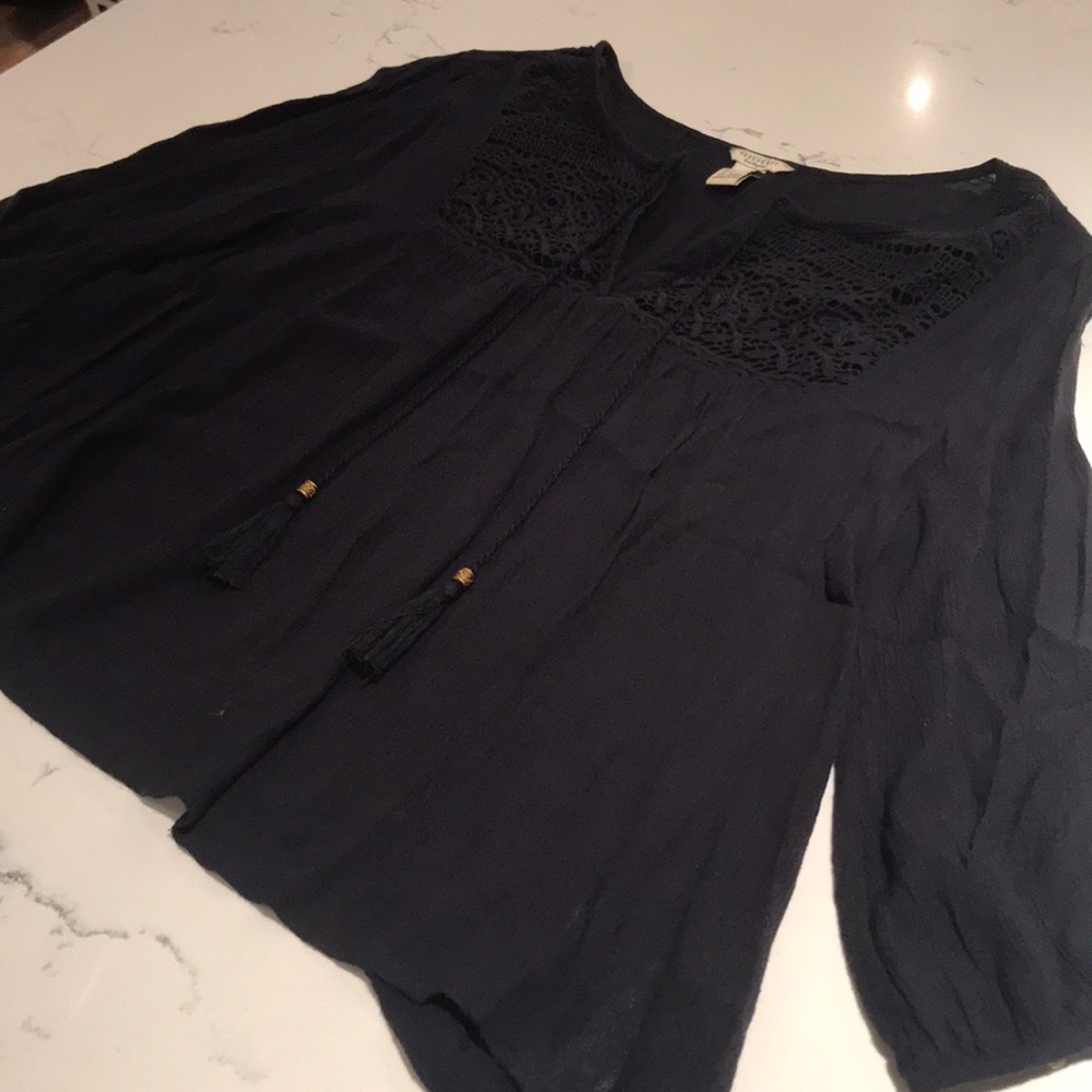 BOHO F21 Navy Blue Top w/ tassel tie- Small